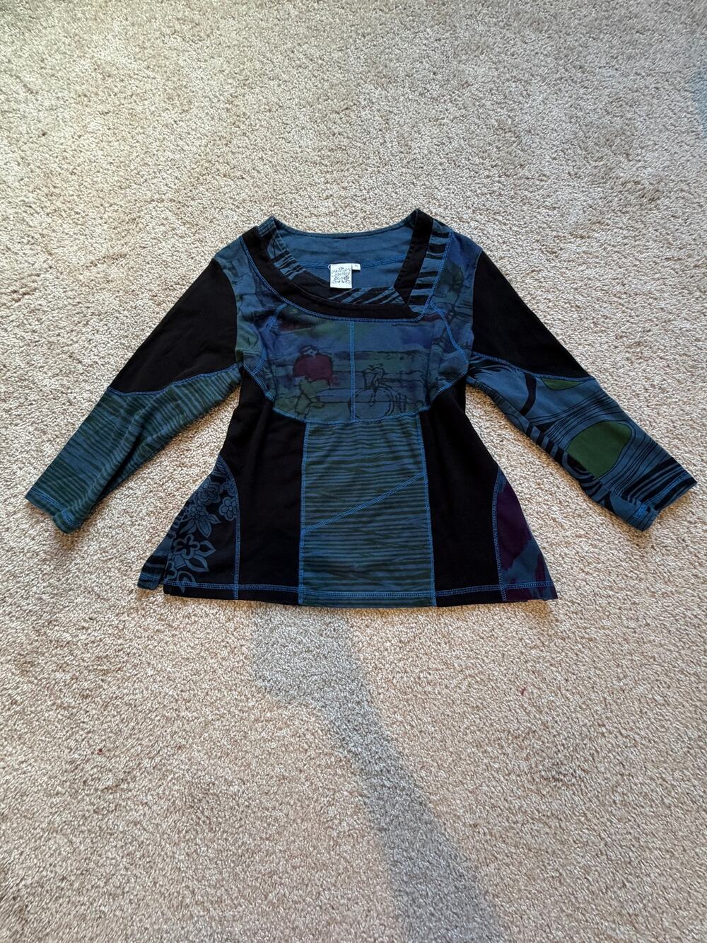 Parsley & Sage Patchwork Art Print Knit Top Women's Medium Boho Artsy Lagenlook